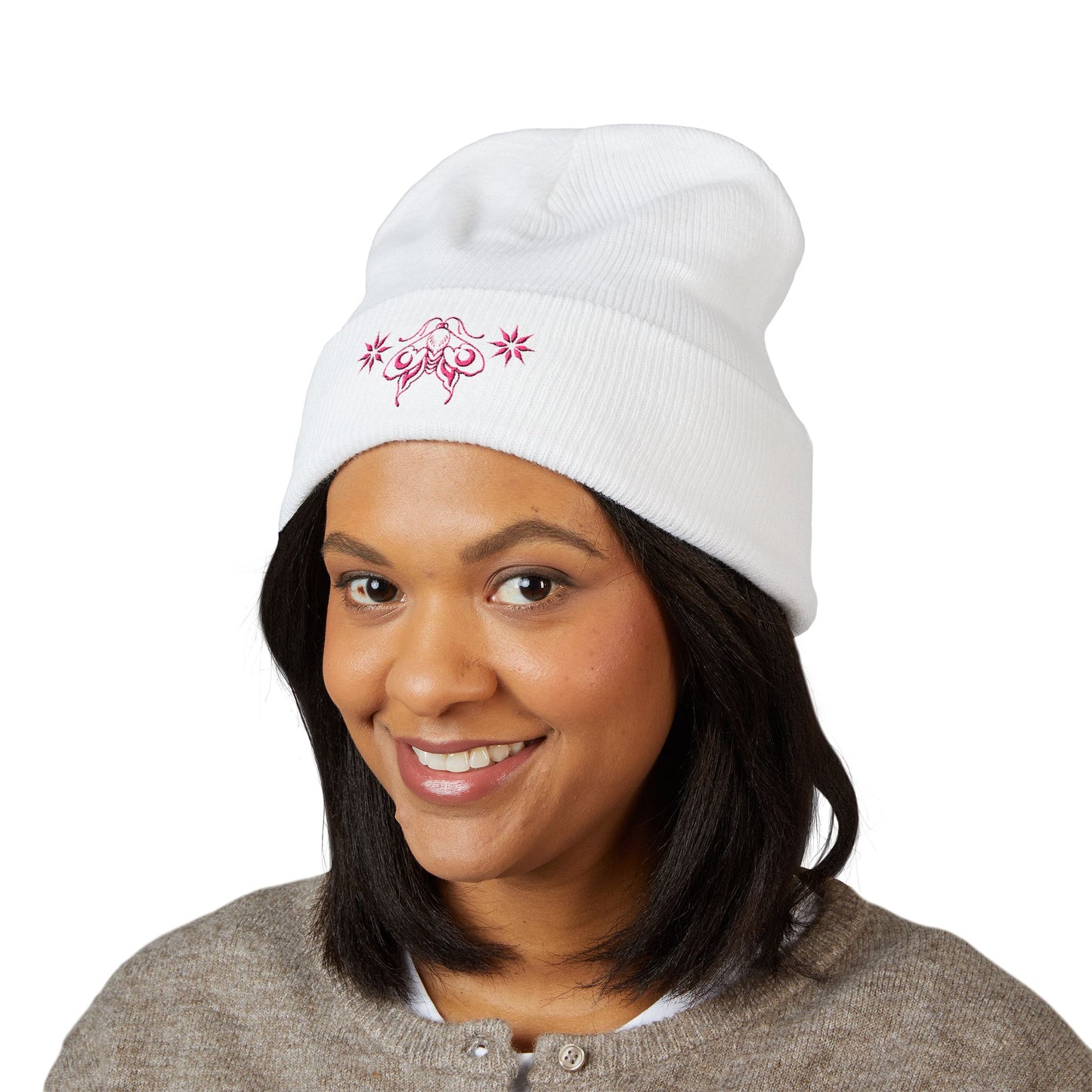 Ornamental moon moth (pink) - Embroidered Cuffed Beanie