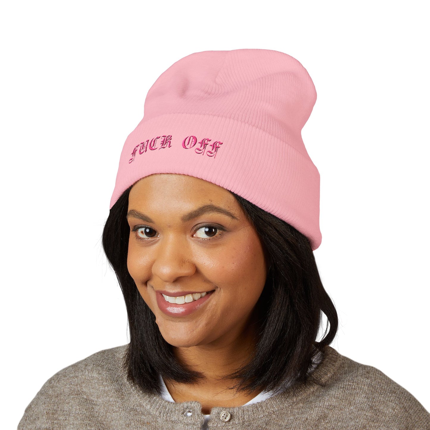 Embroidered Cuffed Beanie — 'Fuck Off' Pink Script
