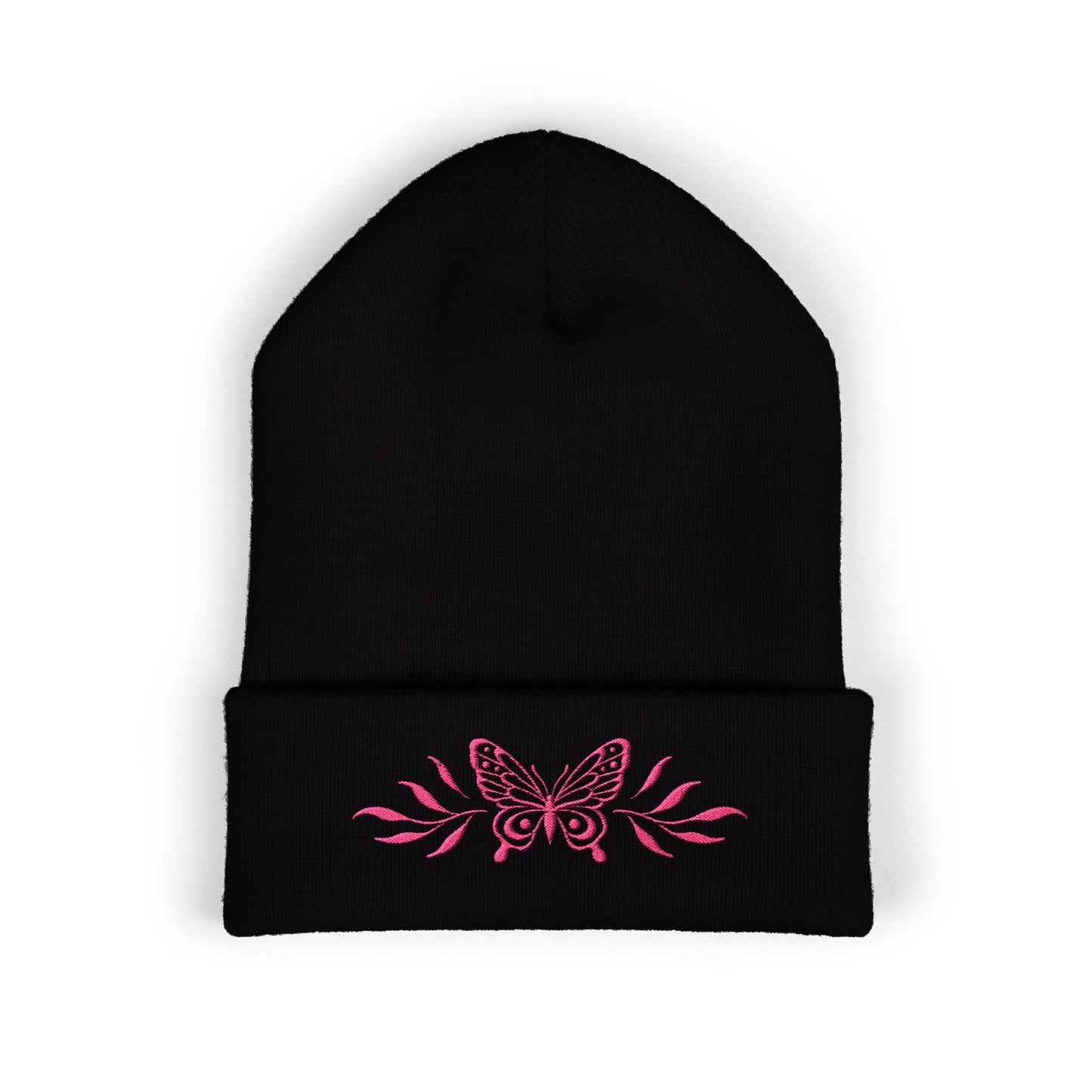 Embroidered Cuffed Beanie — Butterfly with leaves