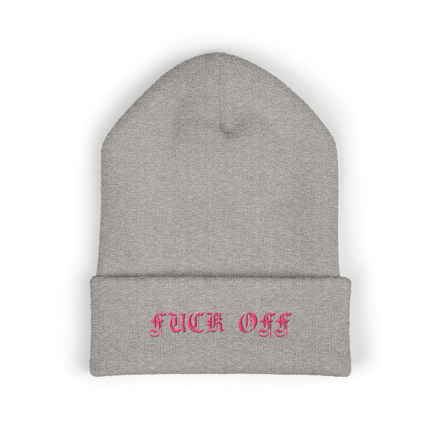 Embroidered Cuffed Beanie — 'Fuck Off' Pink Script