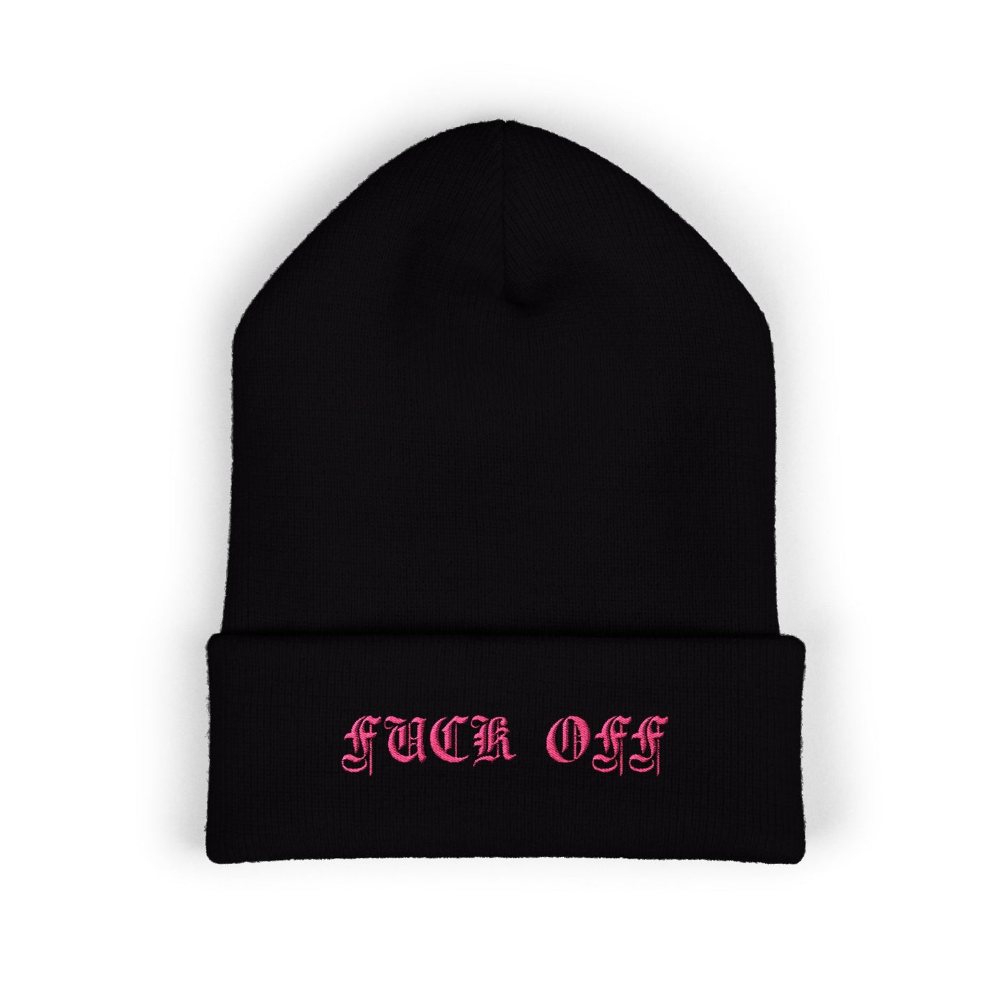 Embroidered Cuffed Beanie — 'Fuck Off' Pink Script