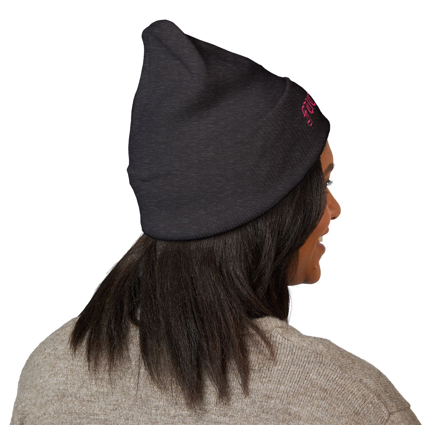 Embroidered Cuffed Beanie — 'Fuck Off' Pink Script
