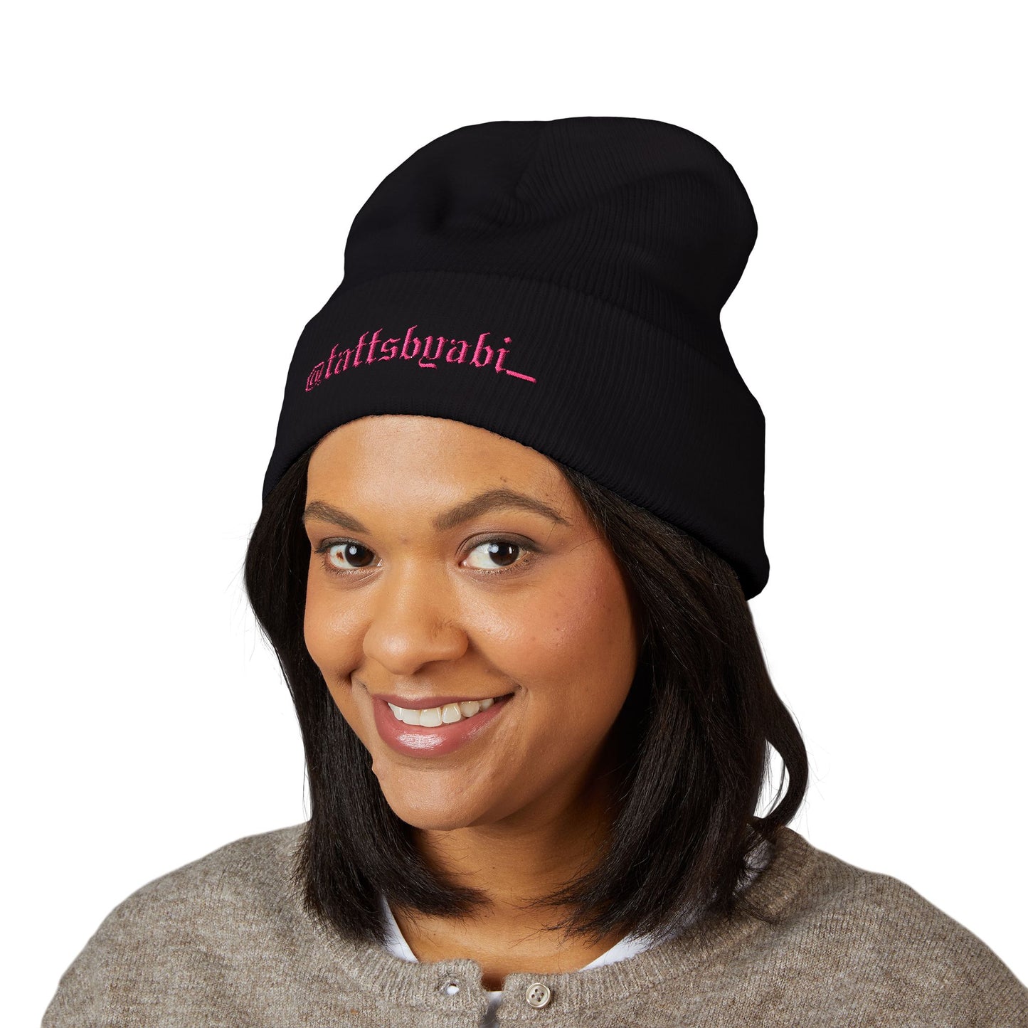Embroidered Cuffed Beanie — @tattsbyabi_ Pink Script