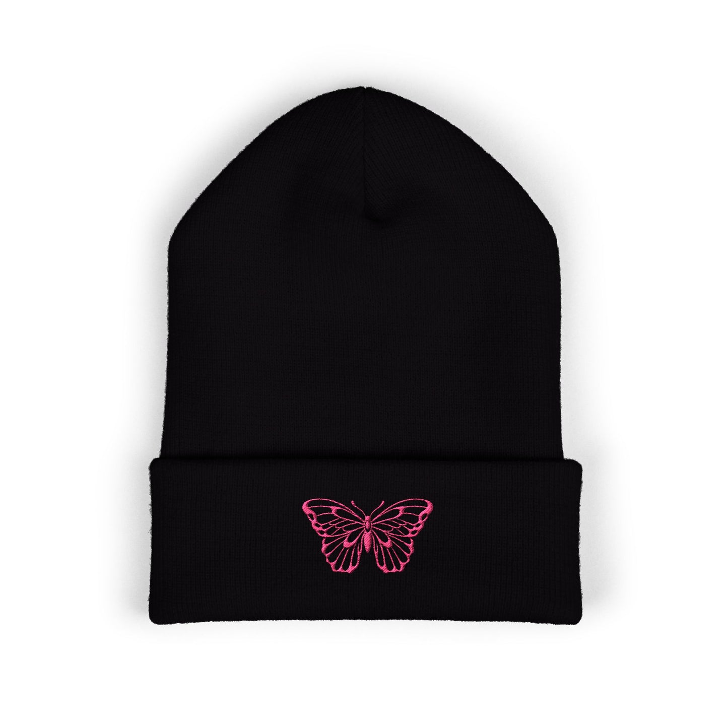 Embroidered Cuffed Beanie — Butterfly (pink)