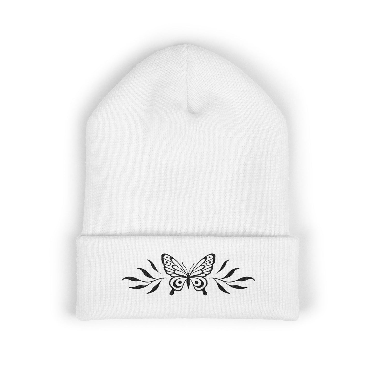 Embroidered Cuffed Beanie — Butterfly with leaves (black)