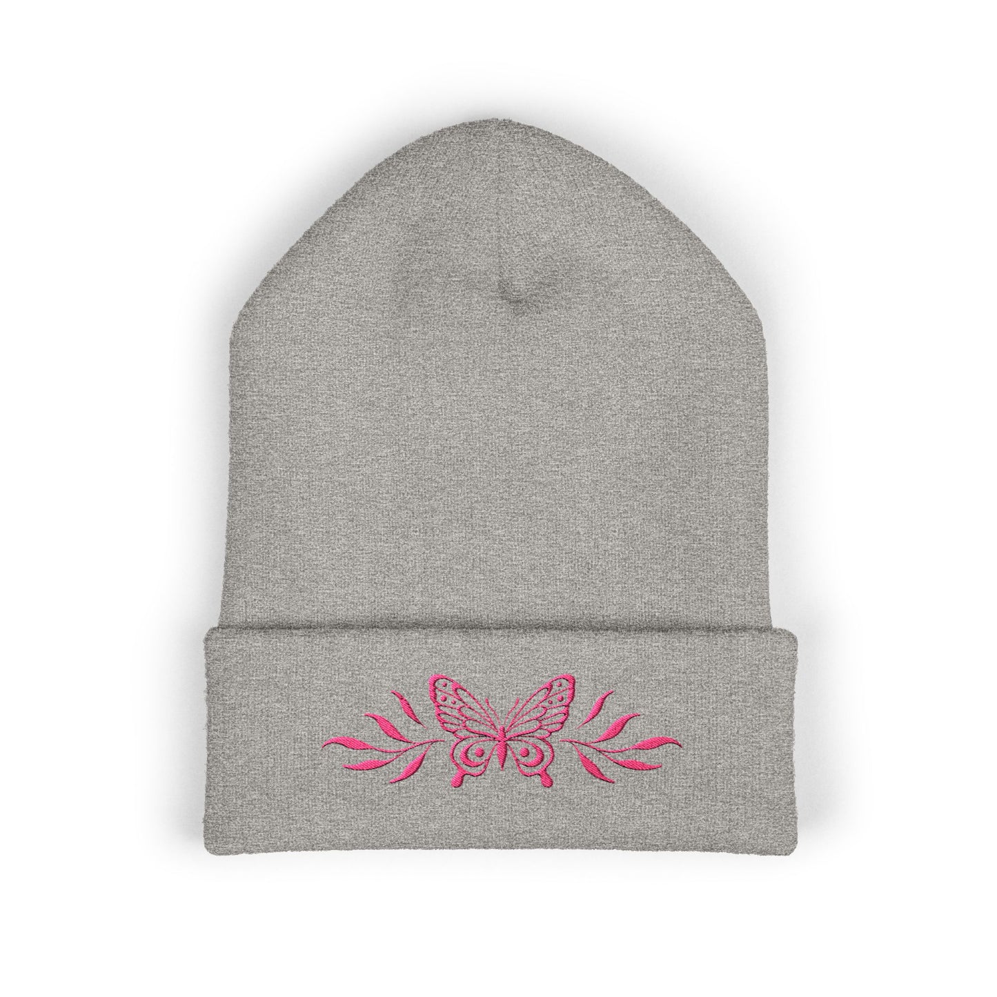 Embroidered Cuffed Beanie — Butterfly with leaves