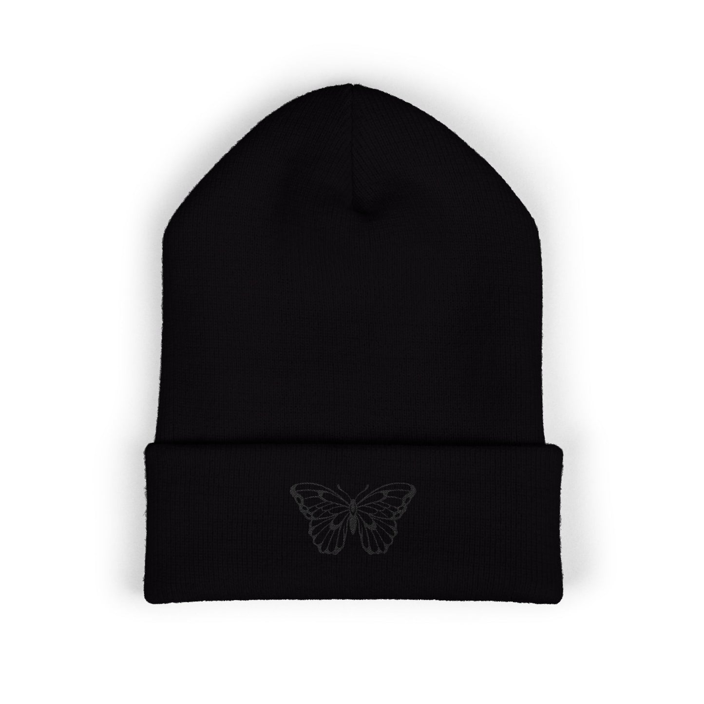 Embroidered Cuffed Beanie — Butterfly (black)