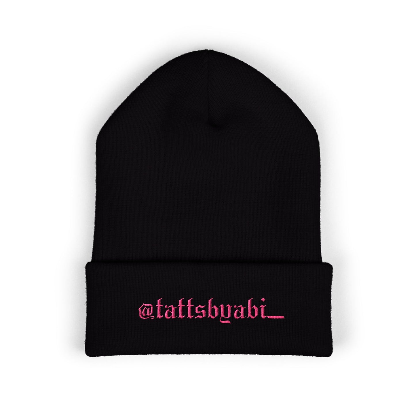 Embroidered Cuffed Beanie — @tattsbyabi_ Pink Script