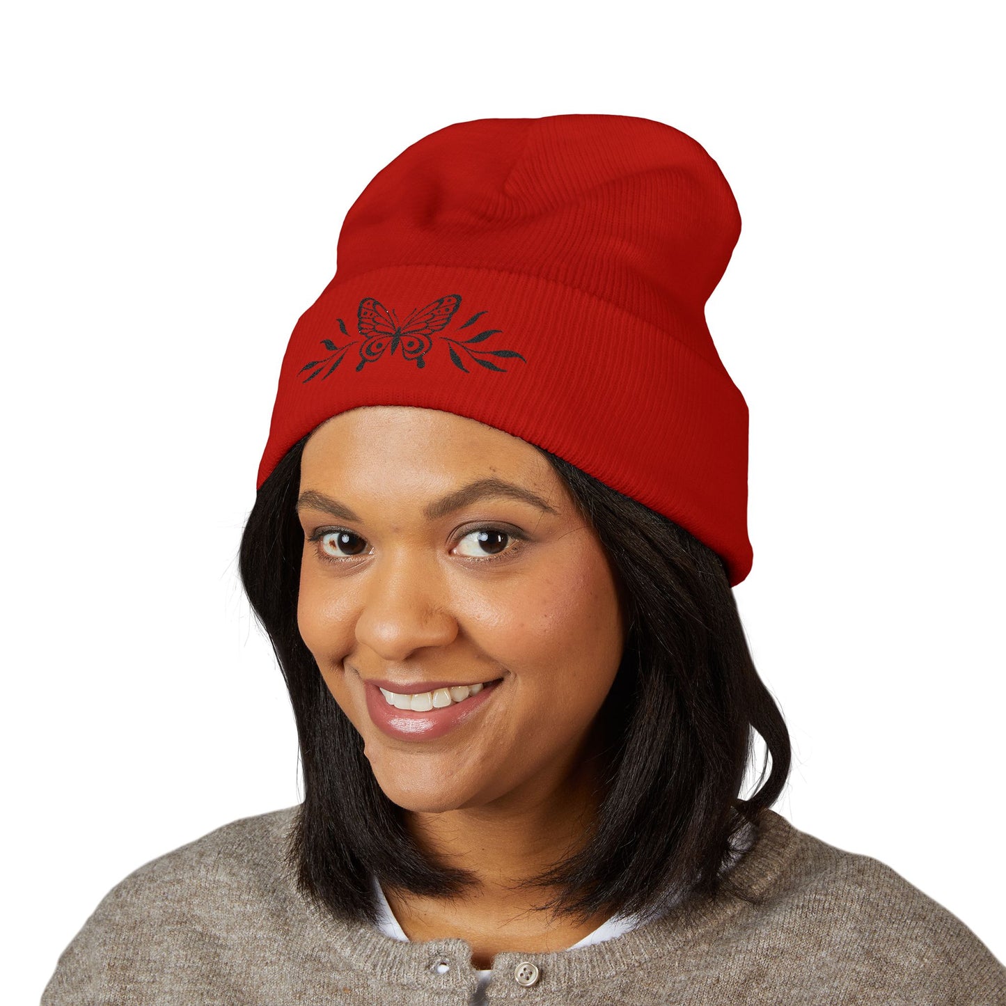 Embroidered Cuffed Beanie — Butterfly with leaves (black)
