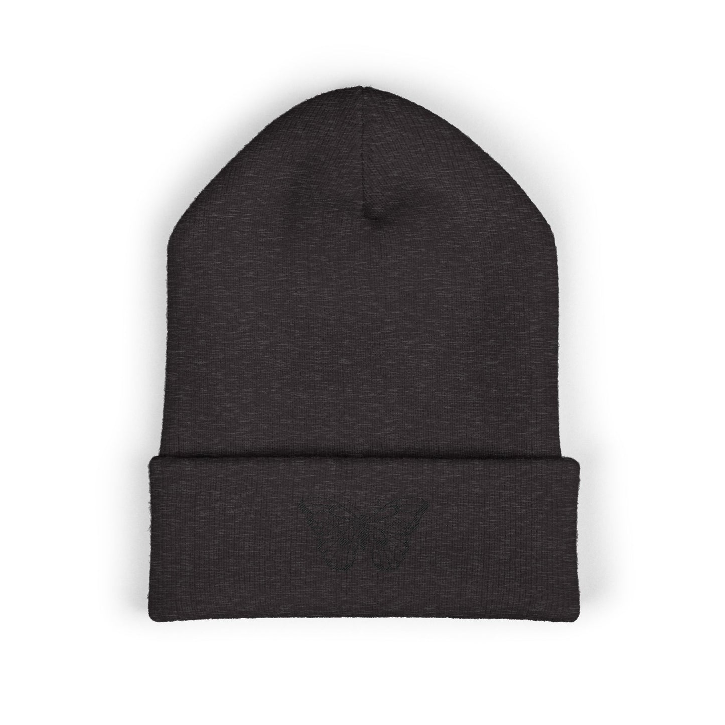 Embroidered Cuffed Beanie — Butterfly (black)