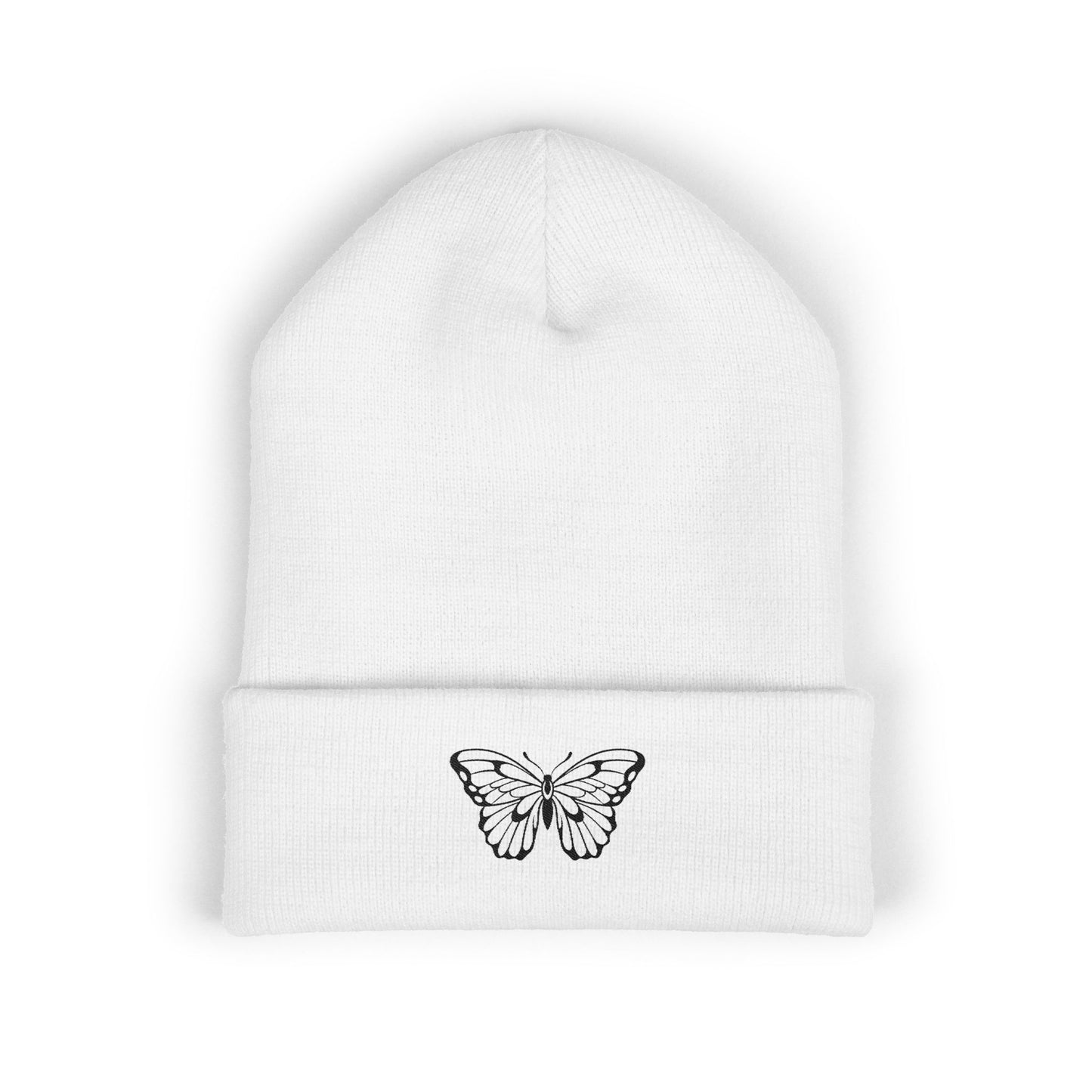 Embroidered Cuffed Beanie — Butterfly (black)