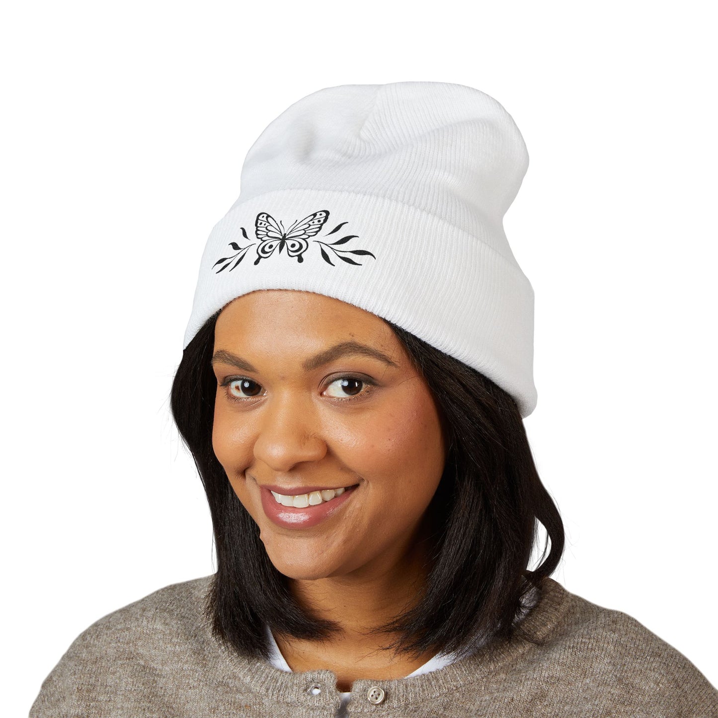 Embroidered Cuffed Beanie — Butterfly with leaves (black)