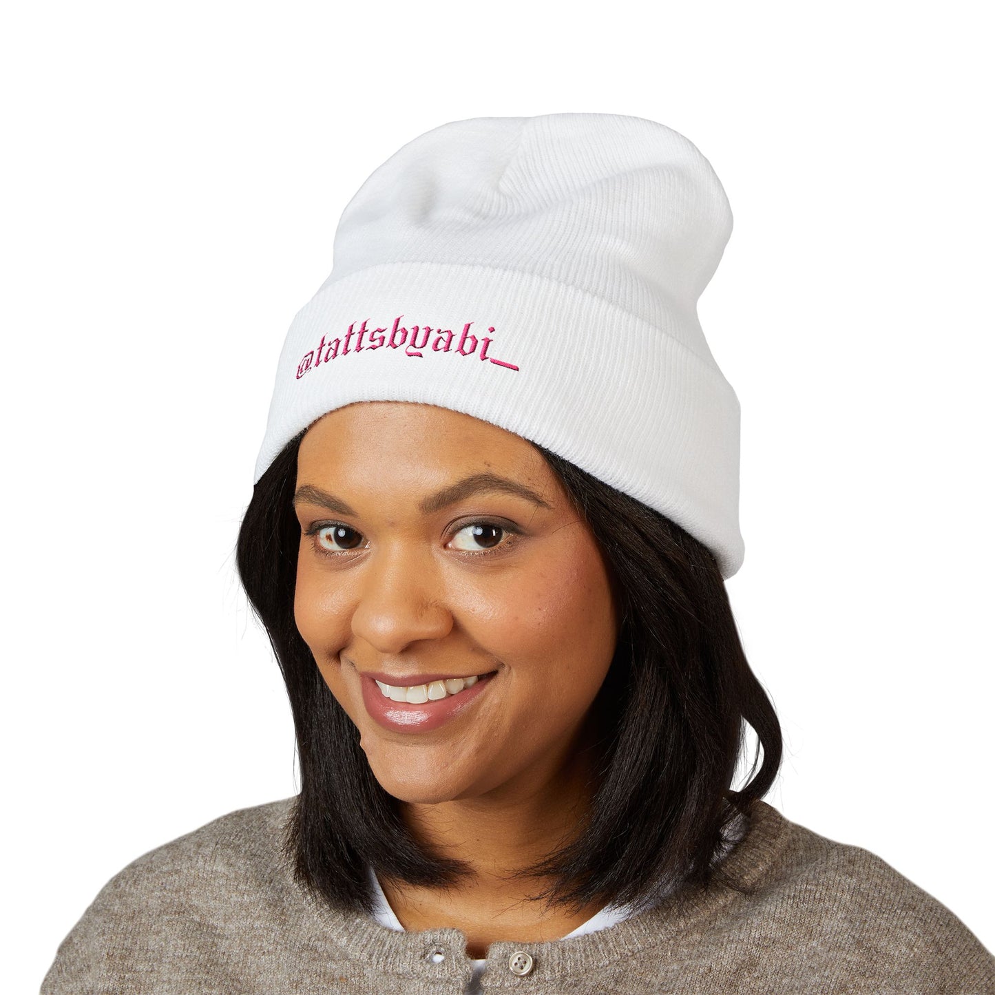 Embroidered Cuffed Beanie — @tattsbyabi_ Pink Script