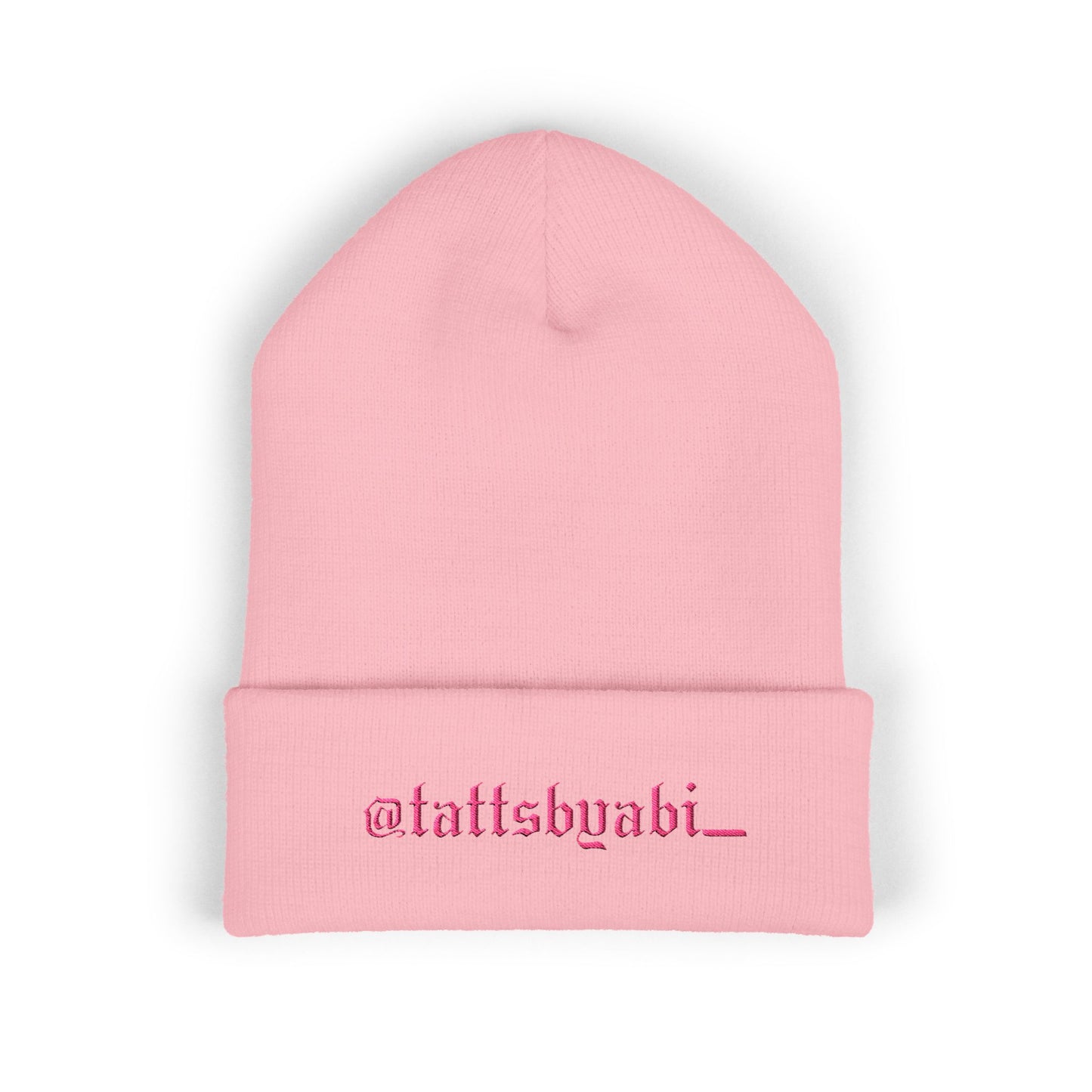 Embroidered Cuffed Beanie — @tattsbyabi_ Pink Script
