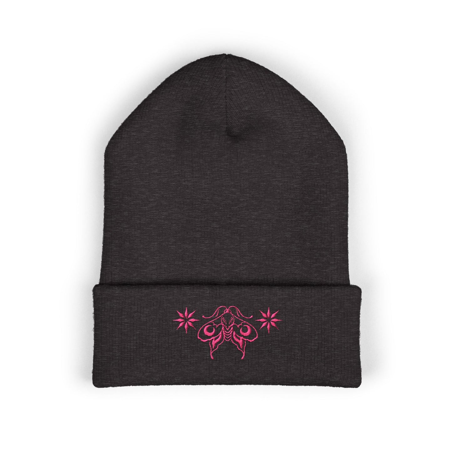 Ornamental moon moth (pink) - Embroidered Cuffed Beanie