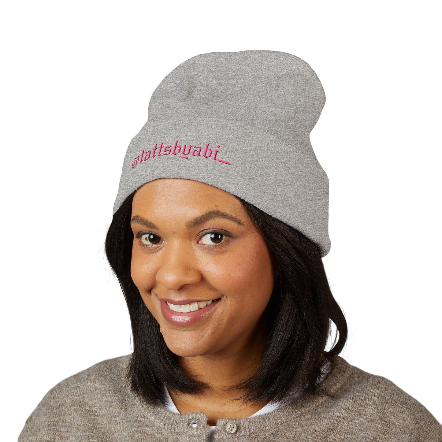 Embroidered Cuffed Beanie — @tattsbyabi_ Pink Script