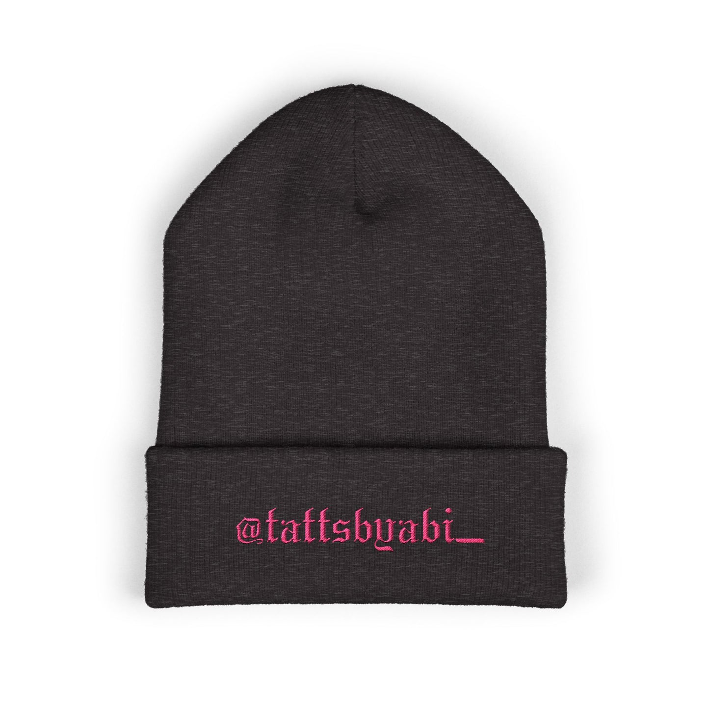 Embroidered Cuffed Beanie — @tattsbyabi_ Pink Script