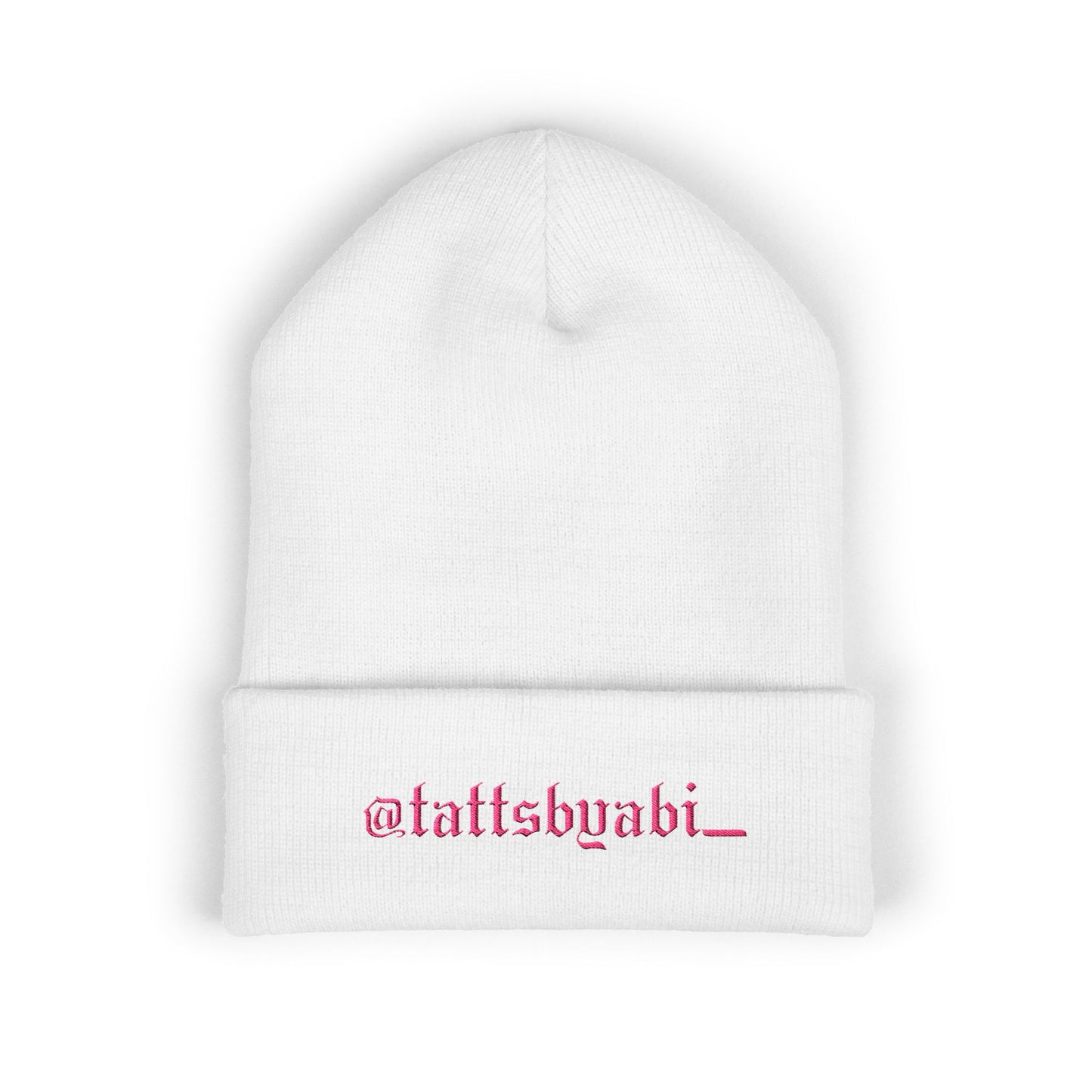 Embroidered Cuffed Beanie — @tattsbyabi_ Pink Script