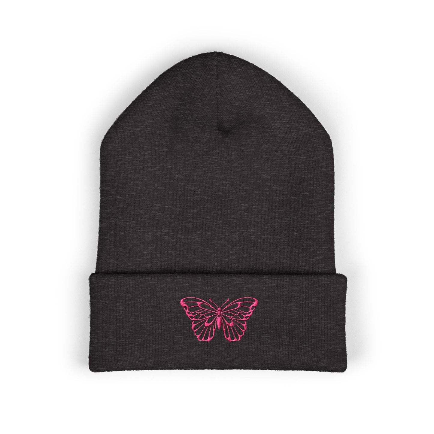 Embroidered Cuffed Beanie — Butterfly (pink)