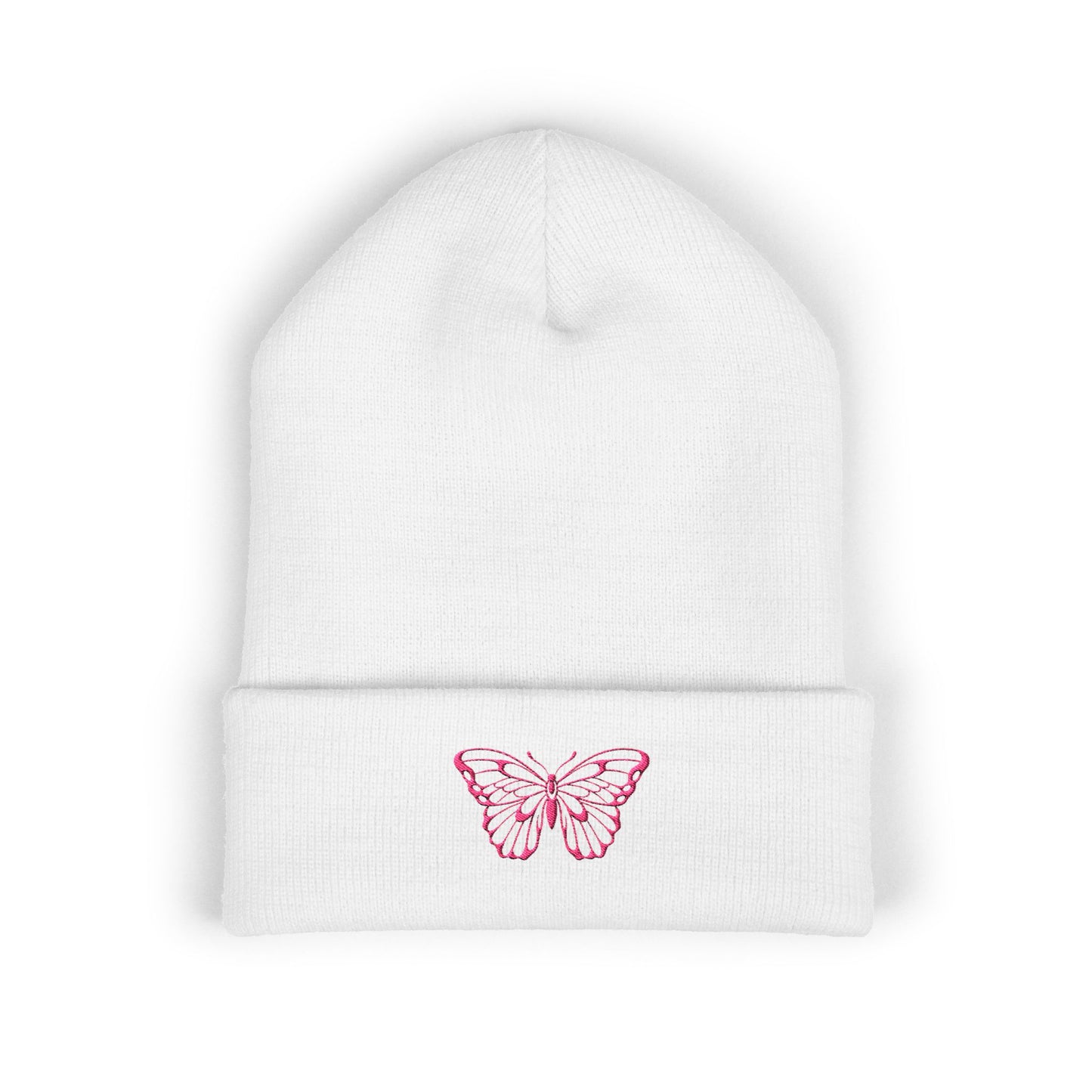 Embroidered Cuffed Beanie — Butterfly (pink)