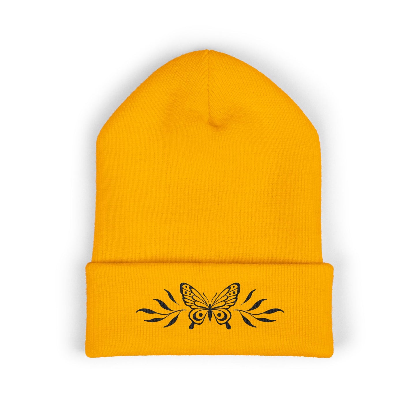Embroidered Cuffed Beanie — Butterfly with leaves (black)