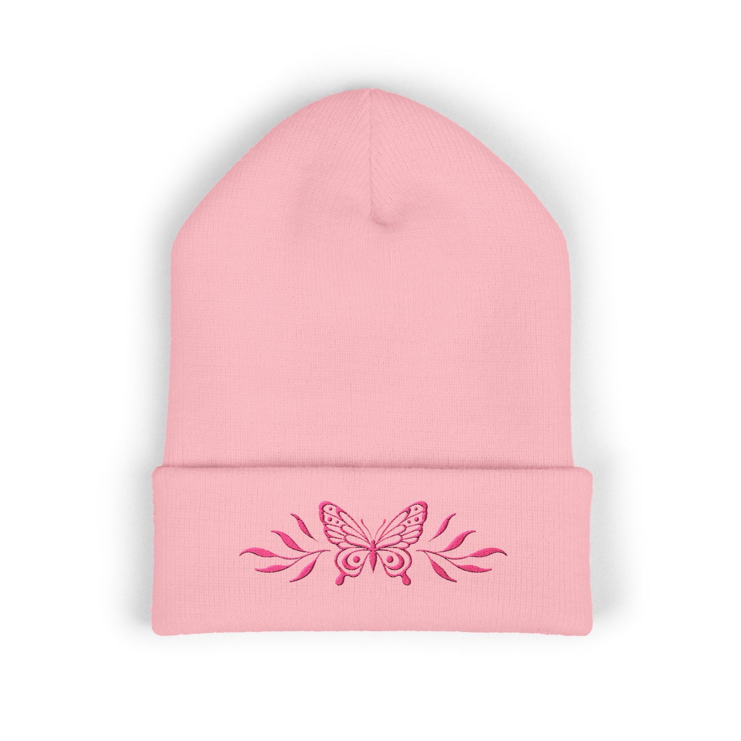 Embroidered Cuffed Beanie — Butterfly with leaves
