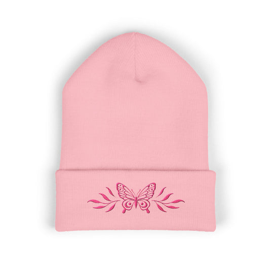Embroidered Cuffed Beanie — Butterfly with leaves