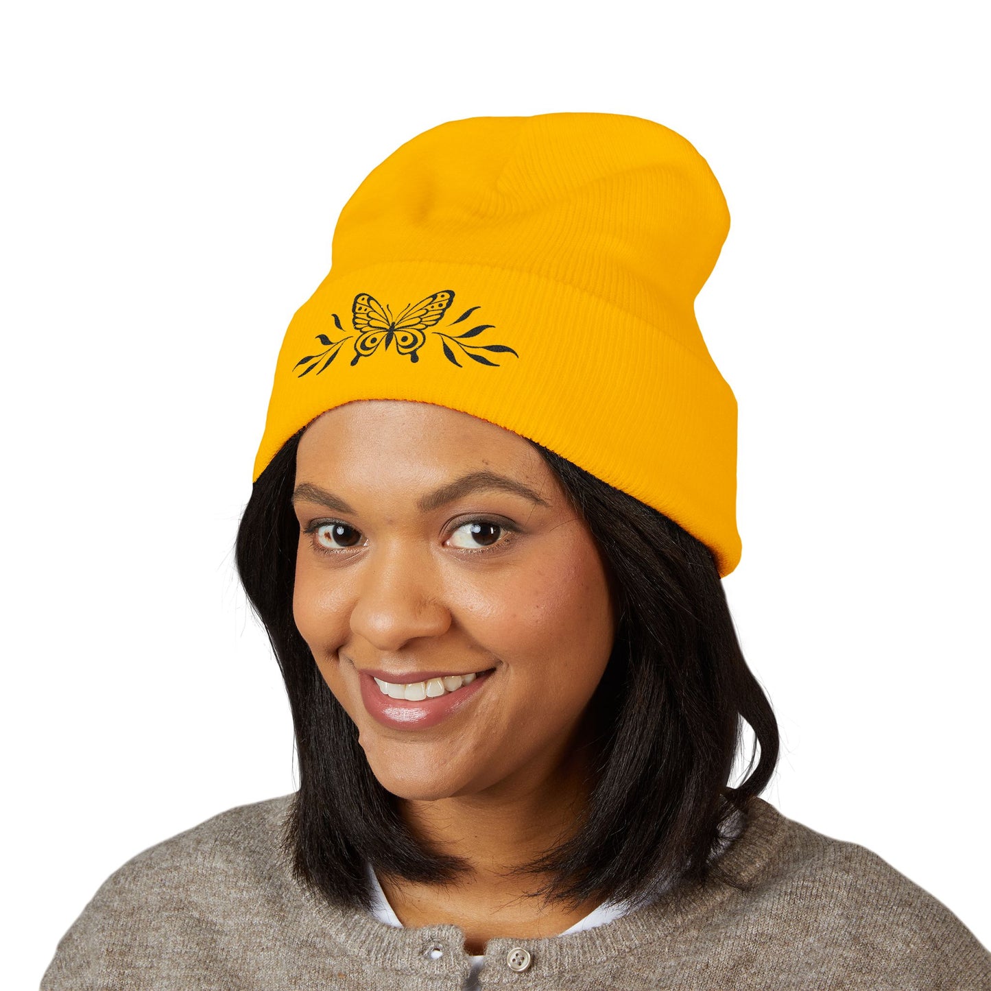 Embroidered Cuffed Beanie — Butterfly with leaves (black)