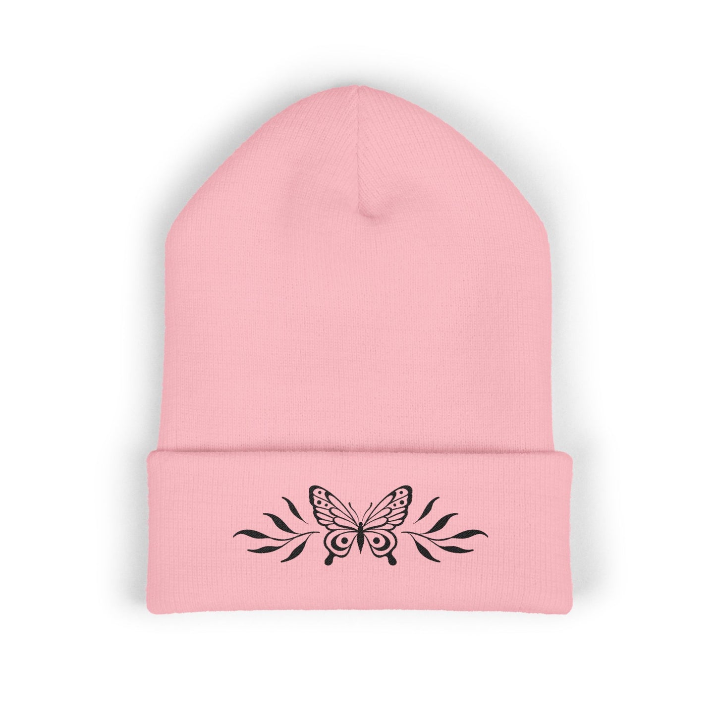 Embroidered Cuffed Beanie — Butterfly with leaves (black)
