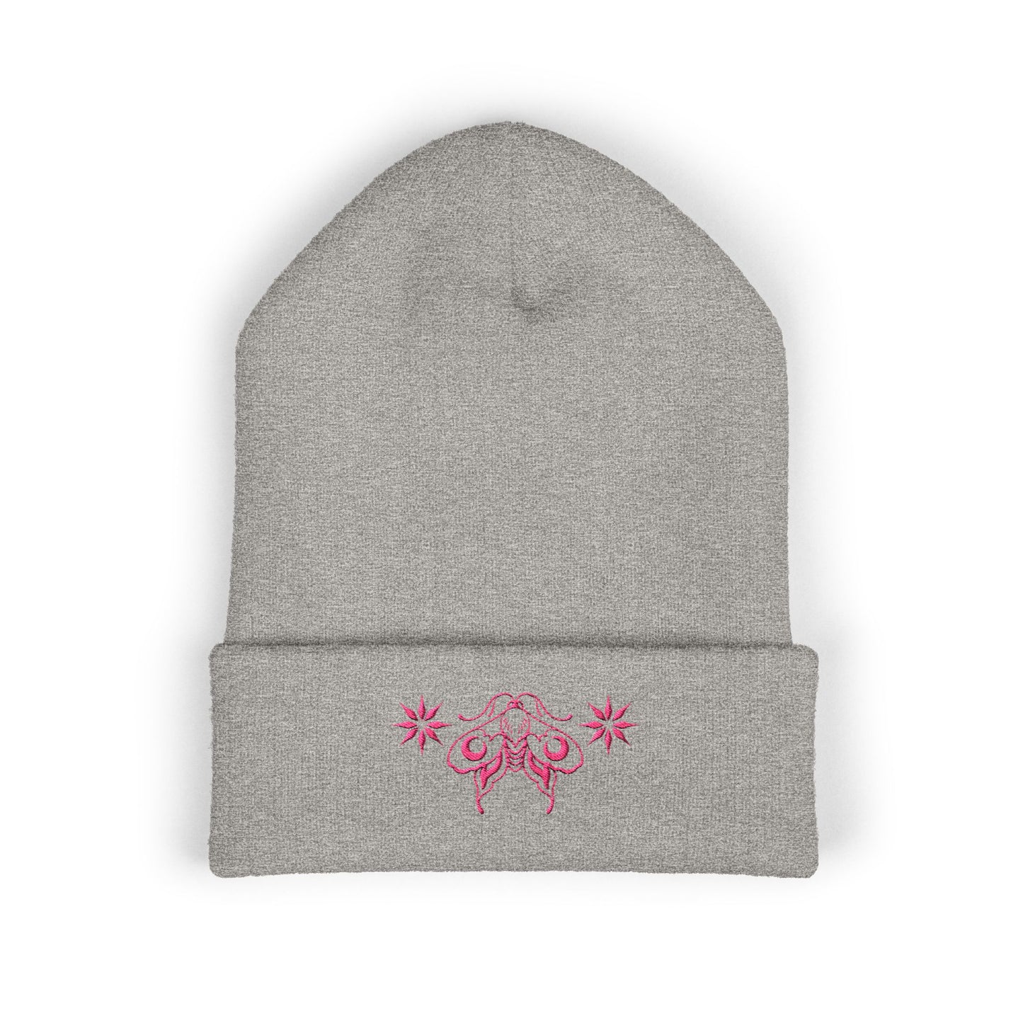 Ornamental moon moth (pink) - Embroidered Cuffed Beanie
