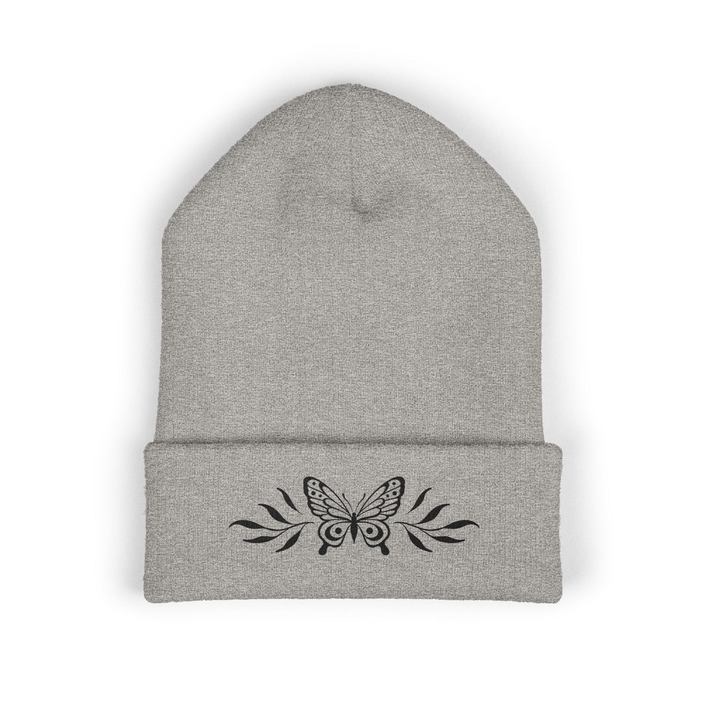Embroidered Cuffed Beanie — Butterfly with leaves (black)