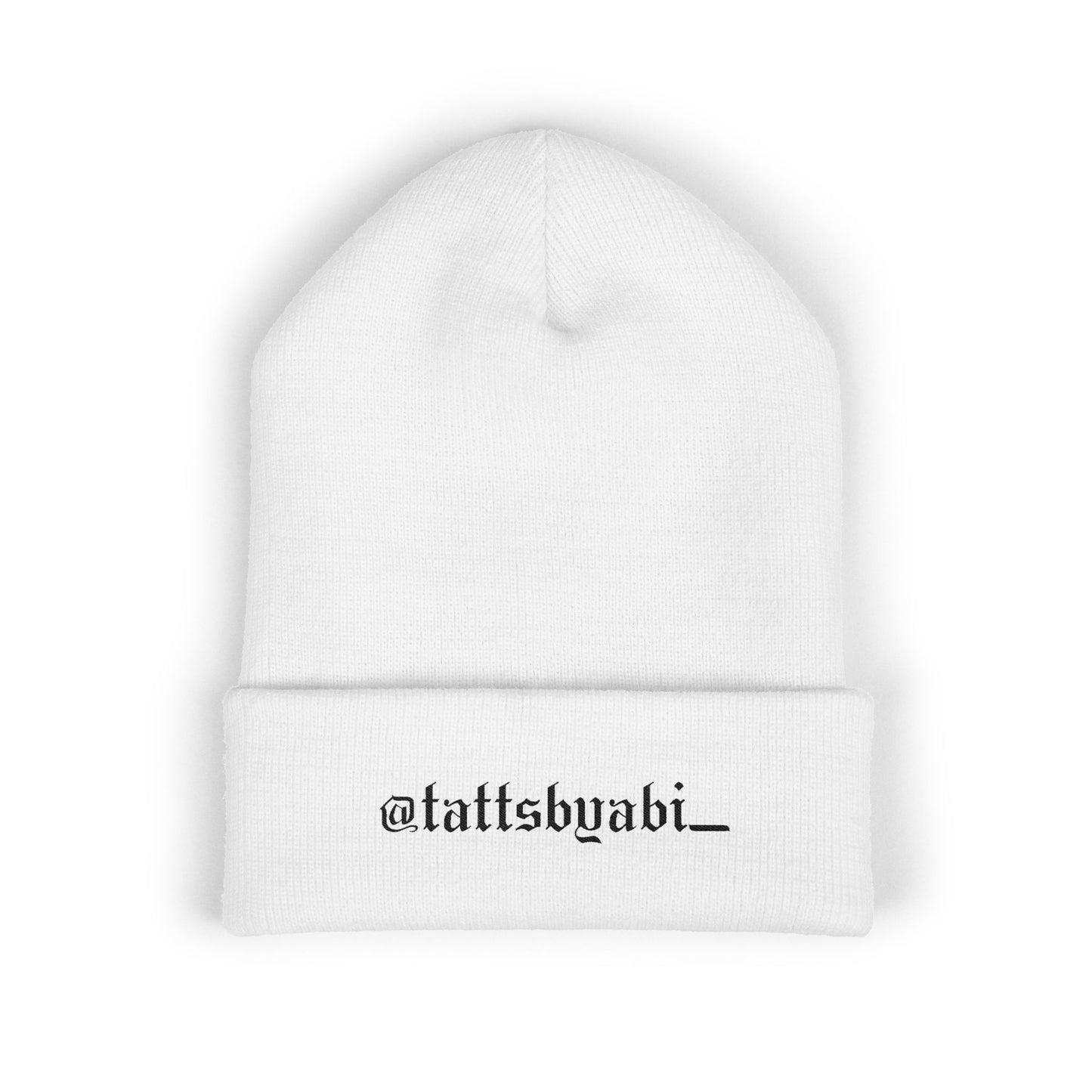 Embroidered Cuffed Beanie — @tattsbyabi_ black script