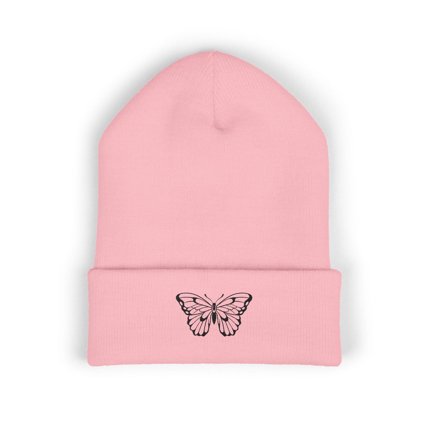 Embroidered Cuffed Beanie — Butterfly (black)