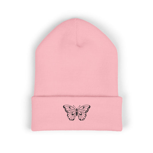 Embroidered Cuffed Beanie — Butterfly (black)