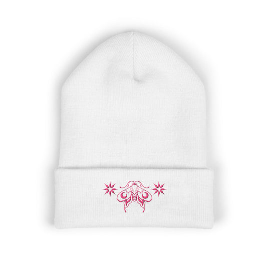 Ornamental moon moth (pink) - Embroidered Cuffed Beanie