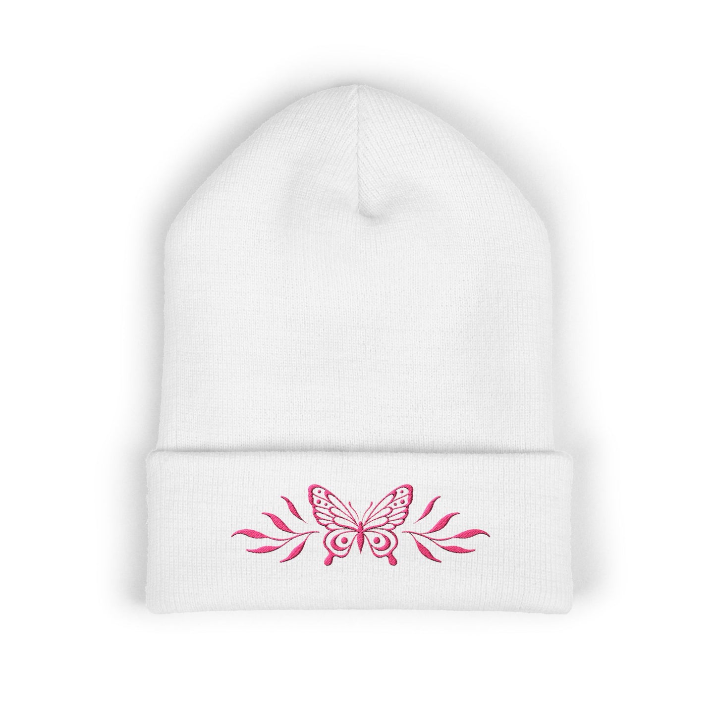 Embroidered Cuffed Beanie — Butterfly with leaves