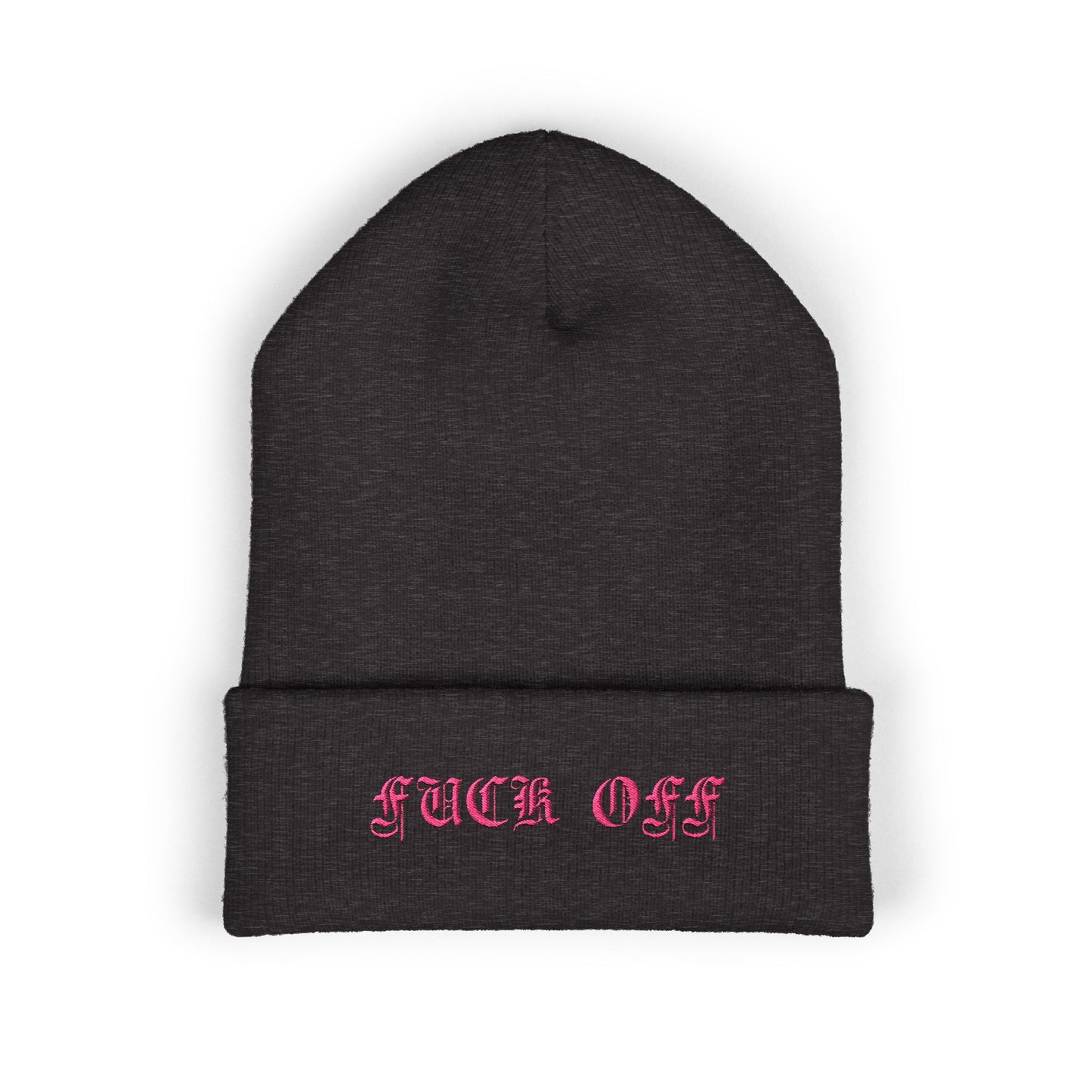 Embroidered Cuffed Beanie — 'Fuck Off' Pink Script