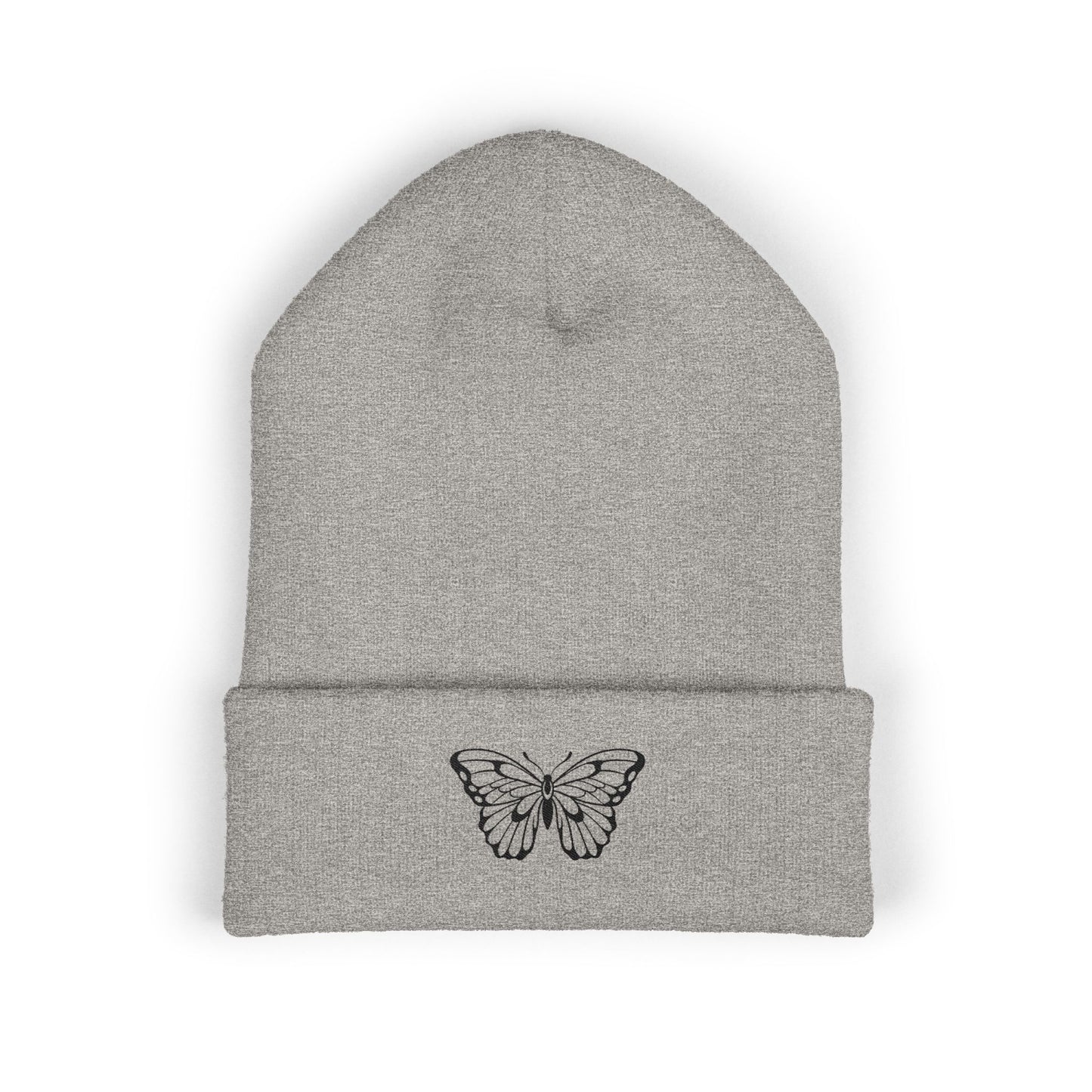 Embroidered Cuffed Beanie — Butterfly (black)