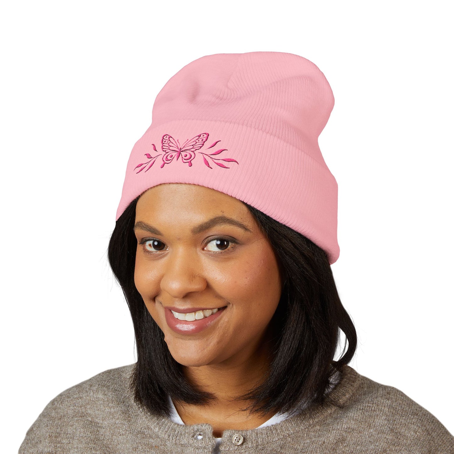 Embroidered Cuffed Beanie — Butterfly with leaves