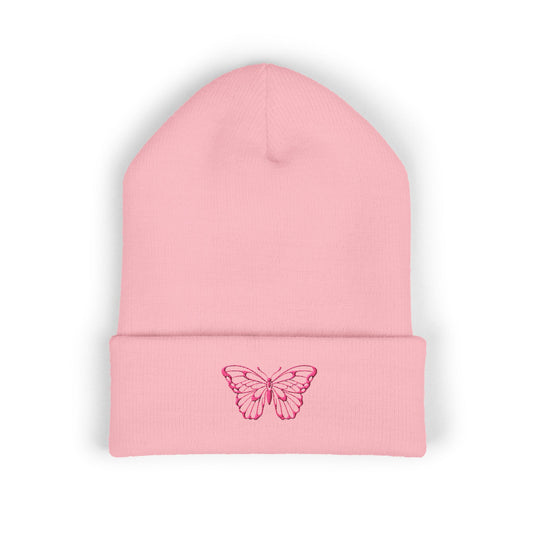 Embroidered Cuffed Beanie — Butterfly (pink)