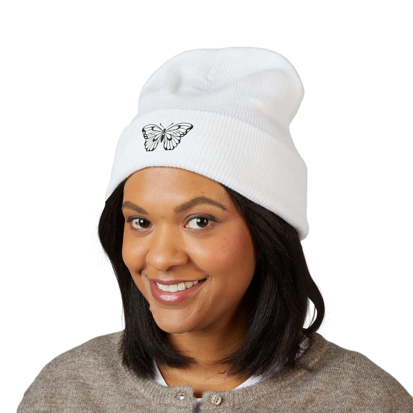 Embroidered Cuffed Beanie — Butterfly (black)