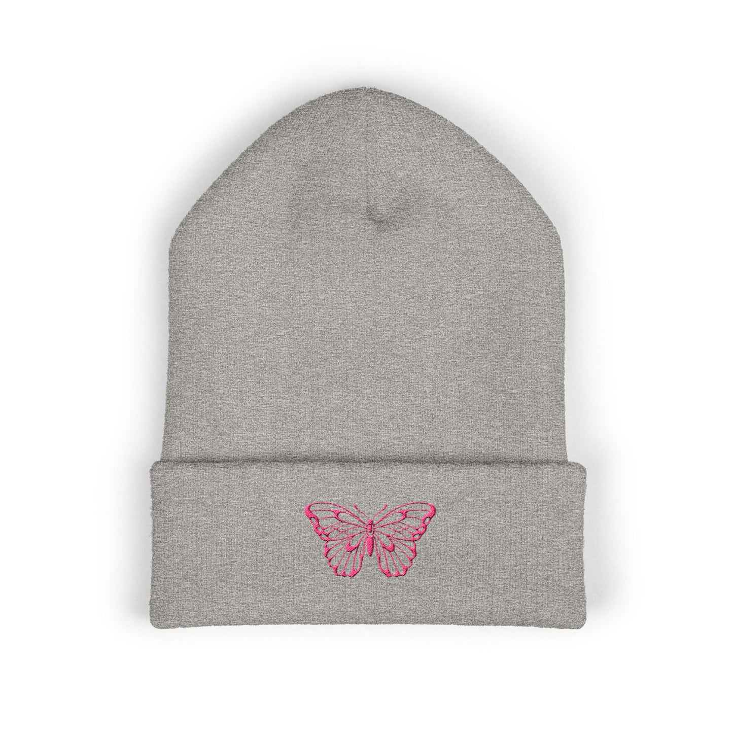 Embroidered Cuffed Beanie — Butterfly (pink)