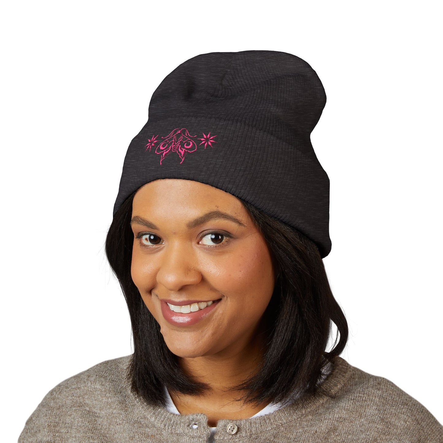 Ornamental moon moth (pink) - Embroidered Cuffed Beanie
