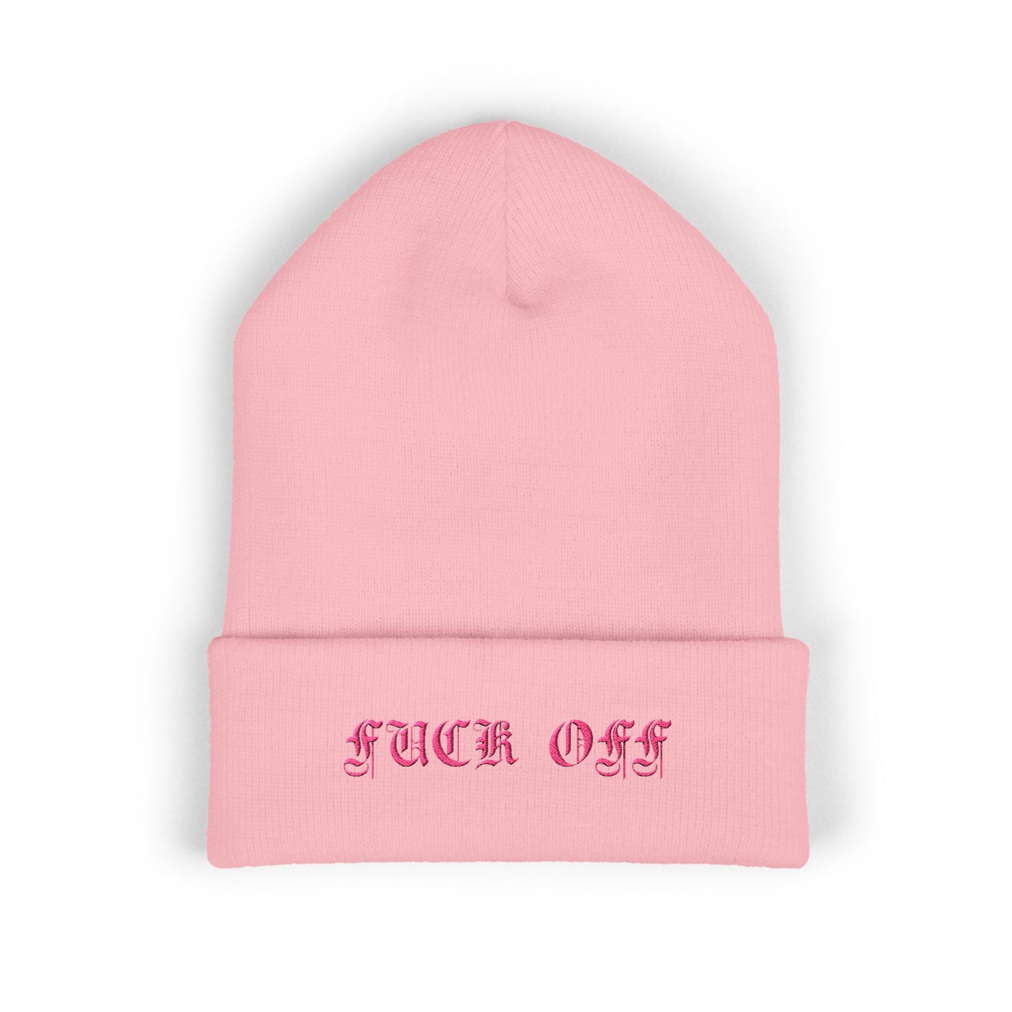 Embroidered Cuffed Beanie — 'Fuck Off' Pink Script