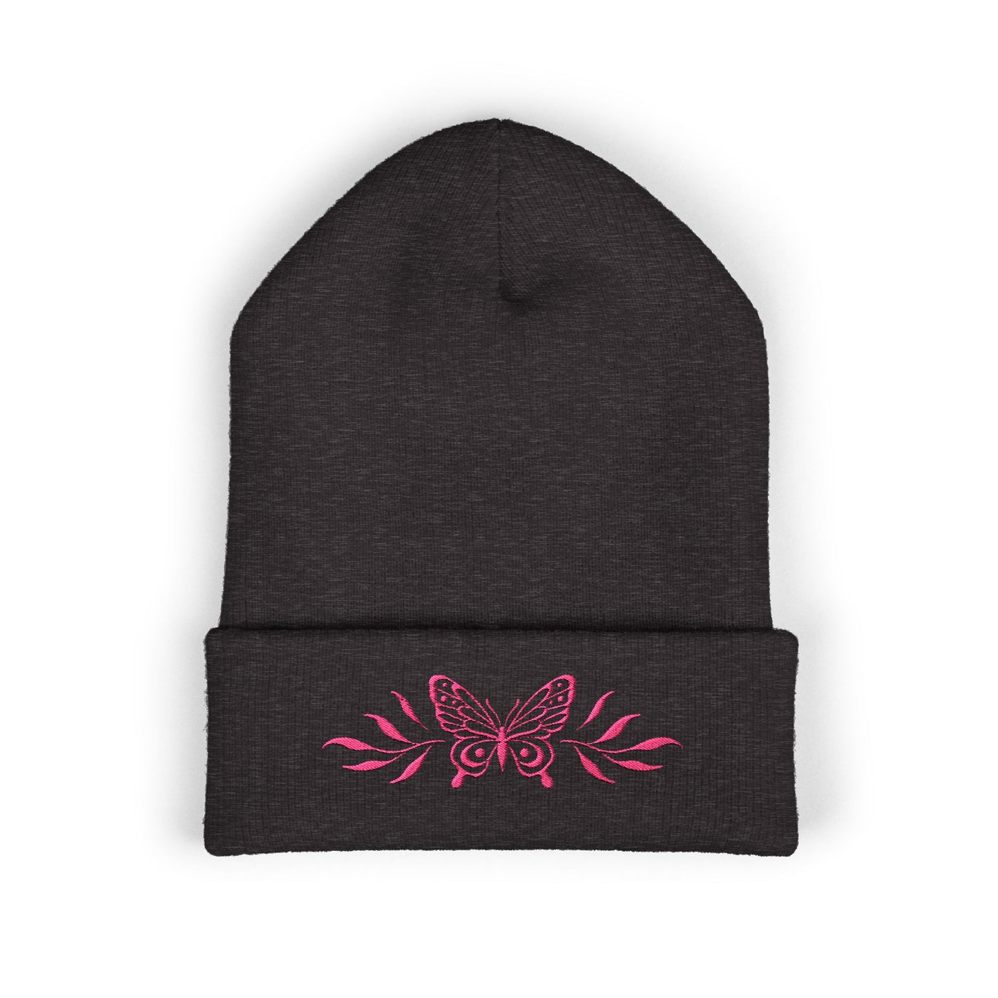 Embroidered Cuffed Beanie — Butterfly with leaves