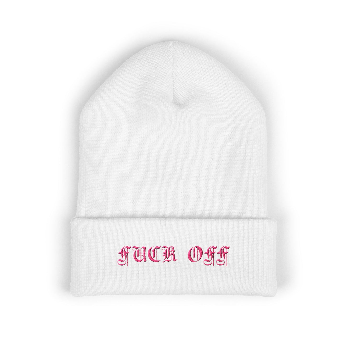 Embroidered Cuffed Beanie — 'Fuck Off' Pink Script