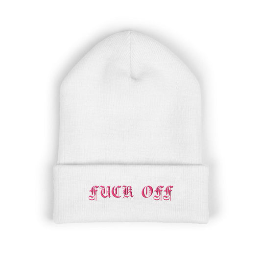 Embroidered Cuffed Beanie — 'Fuck Off' Pink Script